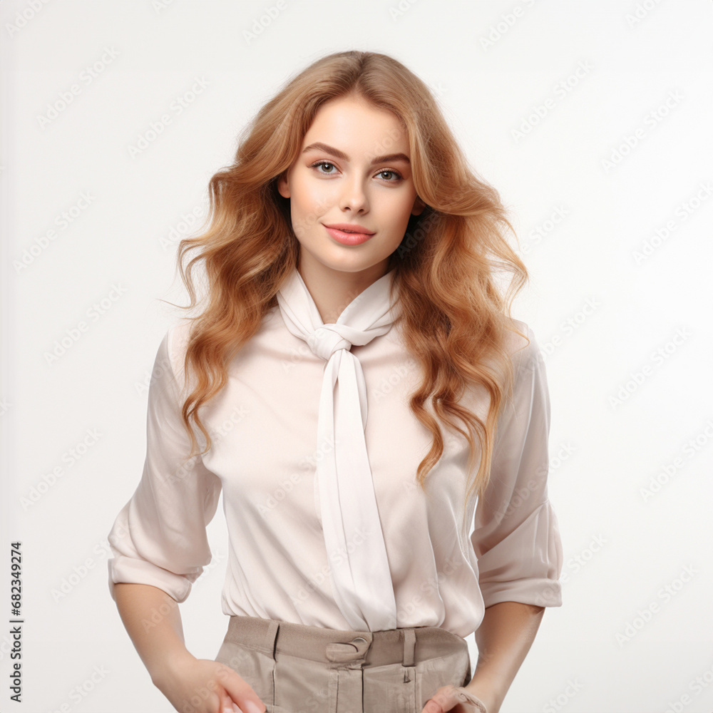 The portrait of an attractive business woman in a white shirt blouse and kaki brown pants with curly healthy blond or hazelnut brown hair while putting hands in pants pockets. Generative AI. The portrait of an attractive business woman in a white shirt blouse and kaki brown pants with curly healthy blond or hazelnut brown hair while putting hands in pants pockets. Generative AI.
