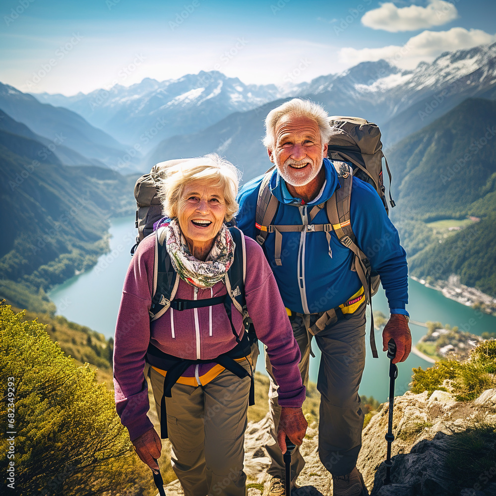 Happy retired couple traveling in the mountains in autumn.
