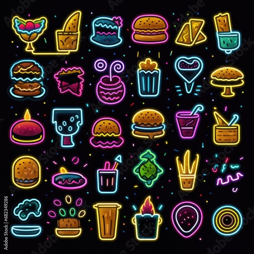 Cafe neon signs. Food and drink glowing light billboards. food Burger and pizza restaurant, beer pub, steak house and coffee bar sign vector set. Advertisement for selling ice cream and cocktail