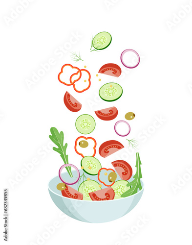 Salad of tomatoes, cucumbers, arugula, red onions, green olives, dill and mustard seeds. Healthy eating. Organic food. Flat design.
