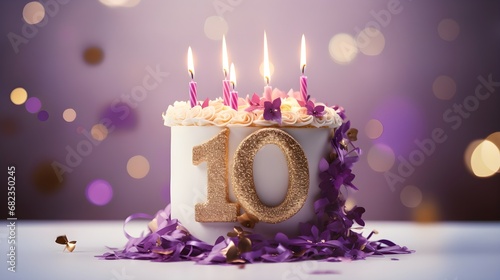 Purple and golden cake with number 10 on a table decorated for a party celebration photo