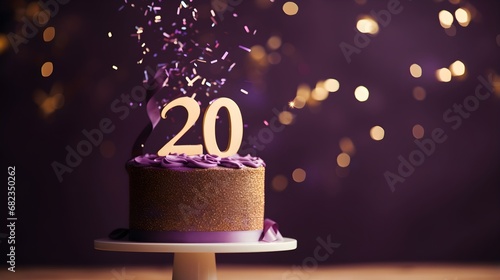 Purple and golden cake with number 20 on a table decorated for a party celebration photo