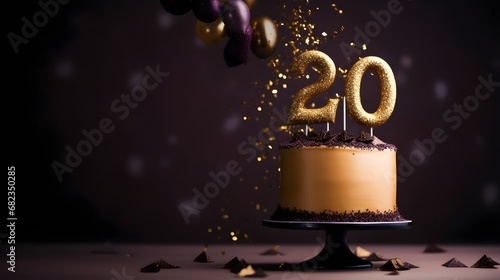 Black and golden cake with number 20 on a table decorated for a party celebration photo