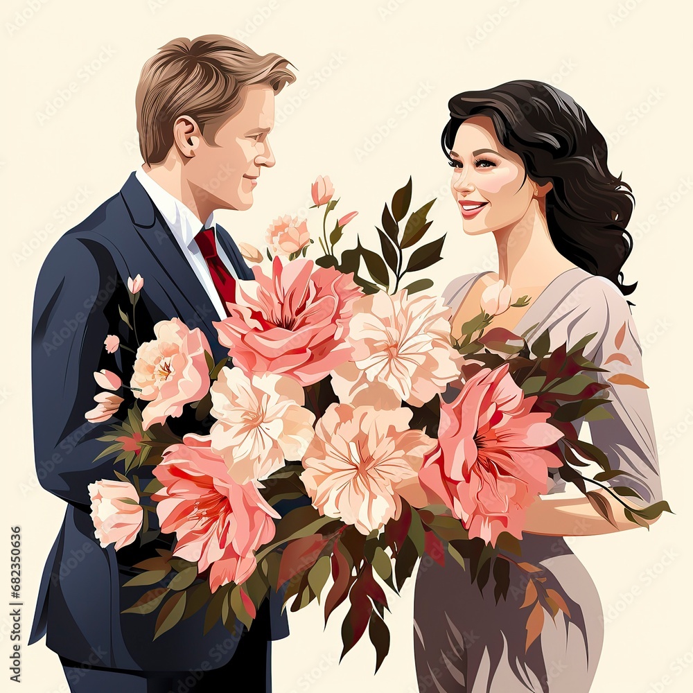 Φωτογραφία man offering a woman a bouquet of flowers in valentine day,Valentines Day, Propose day,  Valentines Day date