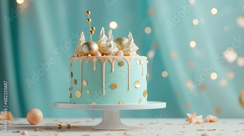 Festive pastel blue cake on a table decorated for a party celebration