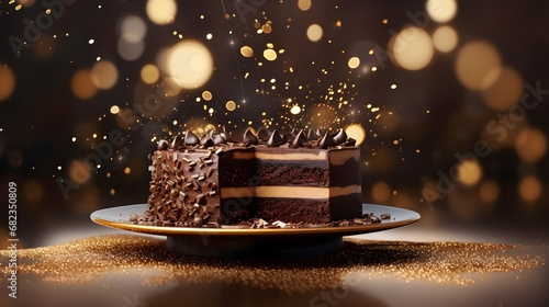 Chocolate cake with golden confetti on a table decorated for a party celebration photo