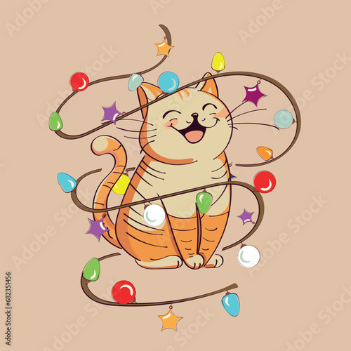 vector single illustration of a cheerful festive cat with Christmas shining garlands