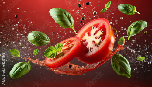 flying sliced tomato with flowing splashes and basil leaves on red background © Kelsey