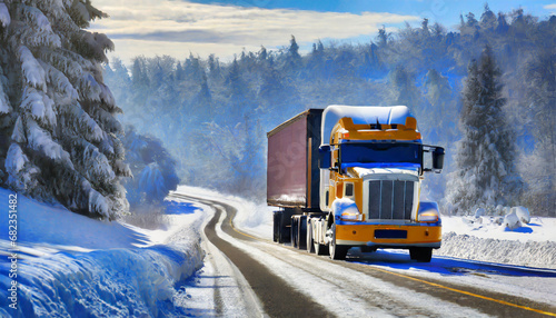a semi truck driving down a snowy road this image can be used to depict winter driving conditions or transportation in cold climates