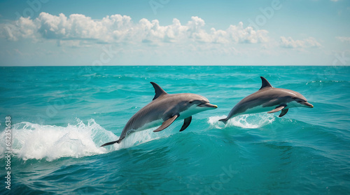 Two dolphins jump out of the water. Seascape, blue sky. Sunny summer day.