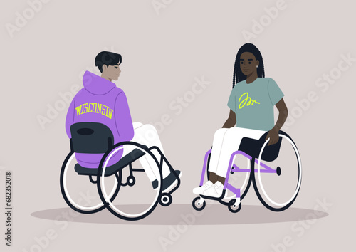 Two individuals in wheelchairs engage in a casual conversation, sharing moments in their everyday routine with ease and camaraderie