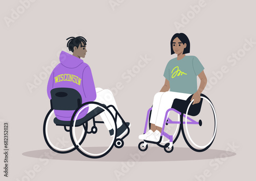 Two individuals in wheelchairs engage in a casual conversation, sharing moments in their everyday routine with ease and camaraderie