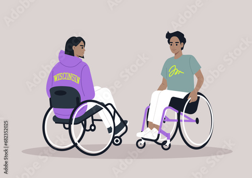 Two individuals in wheelchairs engage in a casual conversation, sharing moments in their everyday routine with ease and camaraderie