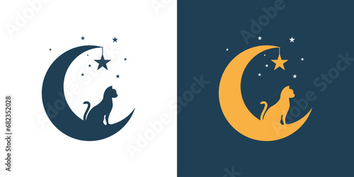 logo design silhouette of a cat sitting on a crescent moon with star decoration in a simple flat style design with a peaceful feel
