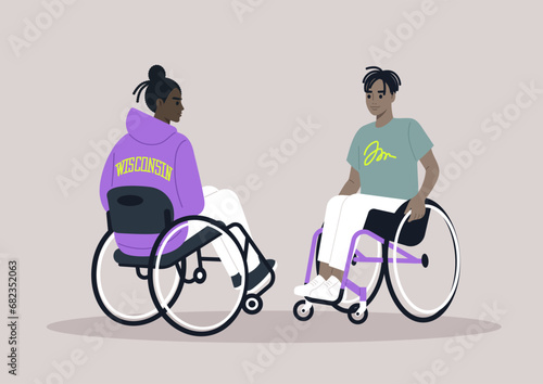 Two individuals in wheelchairs engage in a casual conversation, sharing moments in their everyday routine with ease and camaraderie