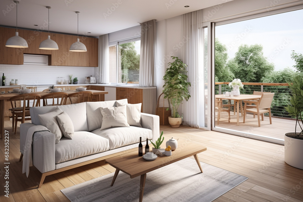The landscape view of a cozy white and warm wood living room with a comfort sofa set and other wood furniture at a resident place with natural light. Generative AI. The landscape view of a cozy white and warm wood living room with a comfort sofa set and other wood furniture at a resident place with natural light. Generative AI.