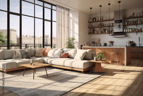 The landscape view of a cozy white and warm wood living room with a comfort sofa set and other wood furniture at a resident place with natural light. Generative AI.