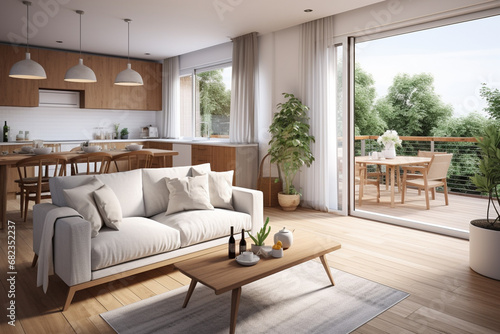 The landscape view of a cozy white and warm wood living room with a comfort sofa set and other wood furniture at a resident place with natural light. Generative AI.
