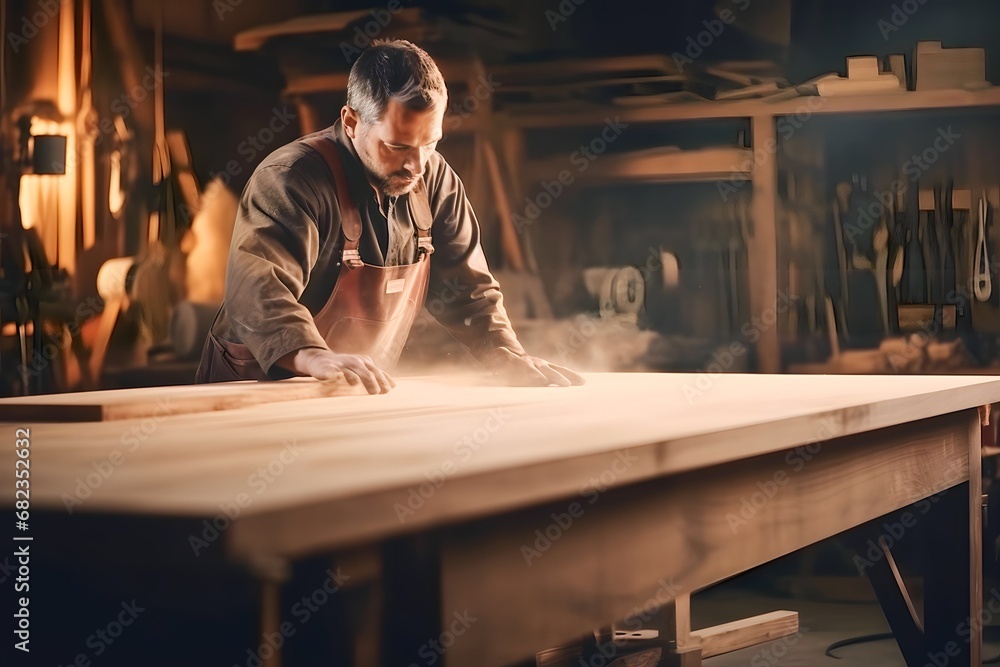 Young caucasian male carpenter working in woodworking workshop Young caucasian male carpenter working in woodworking workshop