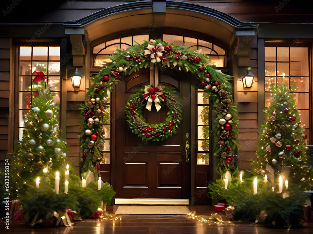 Obraz premium Merry Christmas decoration at the entrance door of the house, Christmas wreath and traditional tree and gifts decoration.