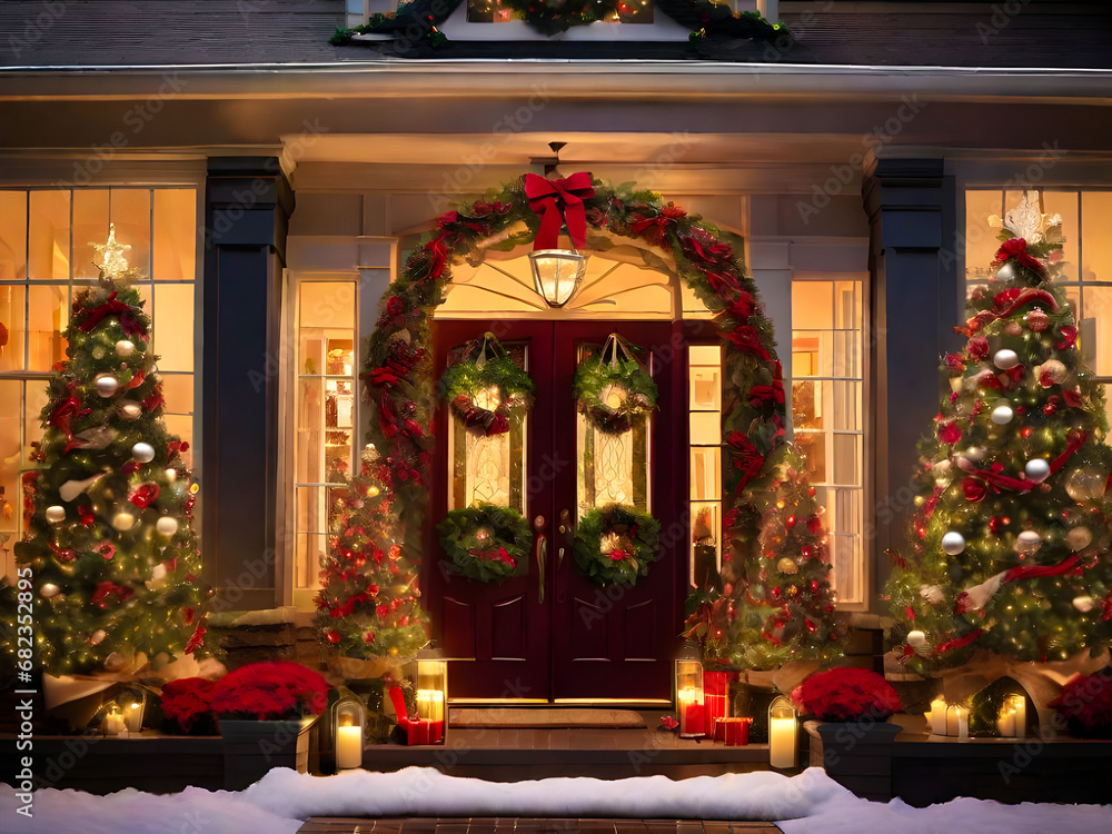 Merry Christmas decoration at the entrance door of the house, Christmas wreath and traditional tree led lights decoration.