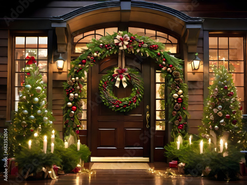 Merry Christmas decoration at the entrance door of the house, Christmas wreath and traditional tree and gifts decoration.