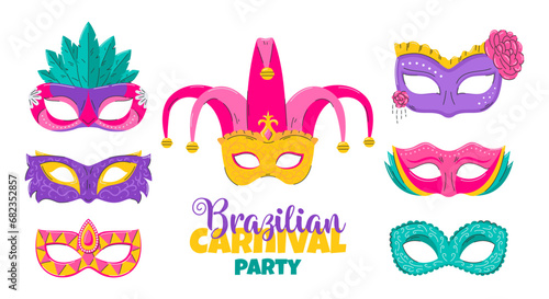 Set of carnival face masks for party decoration or masquerade. Masks with feathers, flower, rhinestones and patterns. Venetian mask. Flat Vector illustration isolated on a white background.