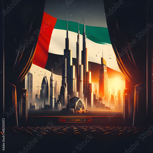 UAE flag flying. UAE National Day illustration. AI Art Generated. photo