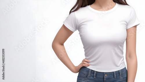  White T-Shirt Mockup on Woman Model. Blank White Tee for Fashion Mockup. Standing Female in Studio. Casual Clothing Design Template. One Person, White Round Neck Shirt.