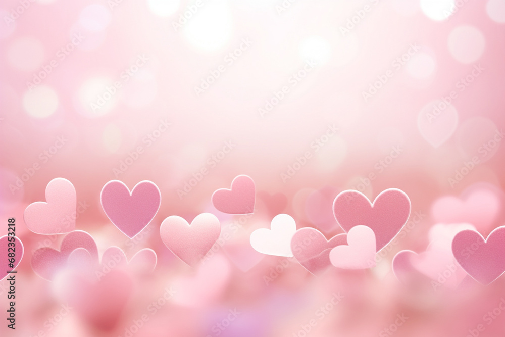 The romantic abstract wallpaper of many transparent pink heart shapes and hearts and round bokeh light on the gradient of old rose, pink, beige, and orange color background. Love symbol. Generative AI