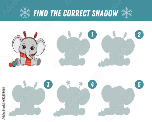 Fototapeta Naklejka Na Ścianę i Meble -  Find correct shadow of cute elephant. Educational logical game for kids. Christmas game. Cartoon elephant cub. Vector illustration