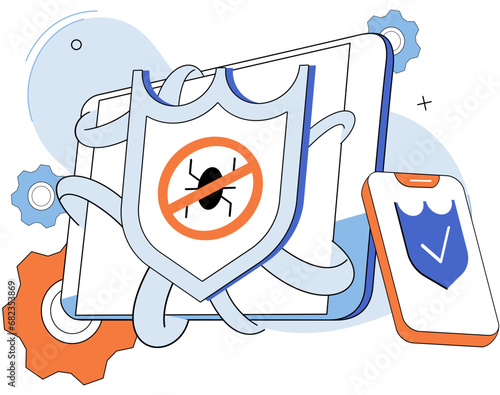 Malware spyware virus. Vector illustration. The danger hackers and cyber crimes requires constant vigilance Alerts notify users potential security breaches and malware threats Bugs in software ccreate