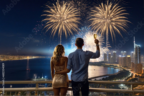 New Years Day - Cute Couple celebrating with cheers, firework, building and sea on background.