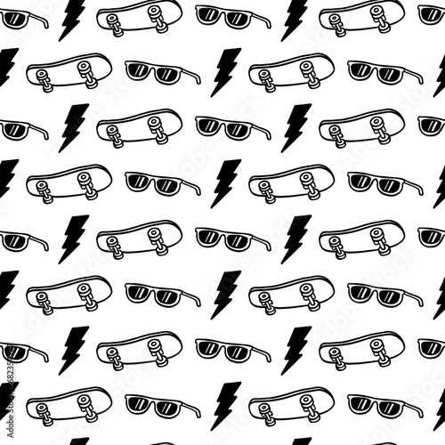 Vector seamless pattern white doodle cartoon skateboards.