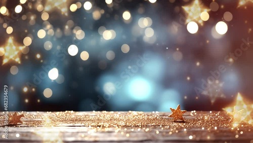 Golden glittering stars on a shimmering Christmas background with soft bokeh lights photo