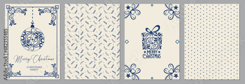 Set of Christmas and happy new year greeting cards with floral plants, lettering calligraphy aesthetics ornament  vector, elements