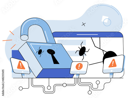 Malware spyware virus. Vector illustration. Alerts notify users potential security breaches and malware threats Bugs in software ccreate vulnerabilities hackers exploit Hacking attempts on internet