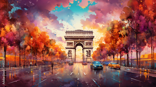 Paris Franse Watercolor Art Print | Franse Poster | Cityscape Wall Art | Art Decor | Arc de Triomphe photo