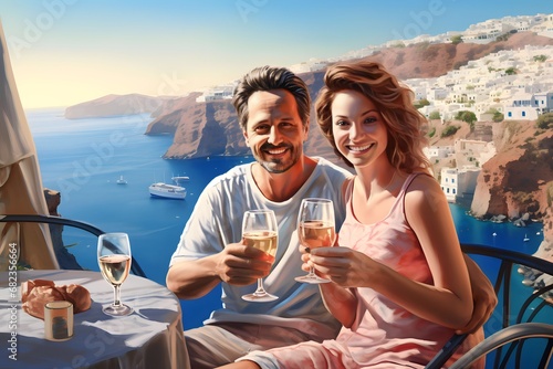 Happy young couple eating and drinking in Santorini © A Denny Syahputra