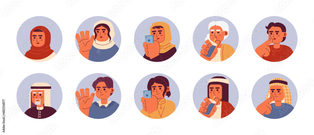 Arab turkish adults 2D vector avatars illustration bundle. Brunette middle eastern women, men cartoon character faces collection. Saudi, muslim hijab flat color user profiles images isolated on white Arab turkish adults 2D vector avatars illustration bundle. Brunette middle eastern women, men cartoon character faces collection. Saudi, muslim hijab flat color user profiles images isolated on white