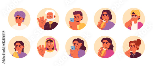Adults south asians 2D vector avatars illustration bundle. Saree indians female, hindu male cartoon character faces collection. Modern day people flat color user profiles images isolated on white