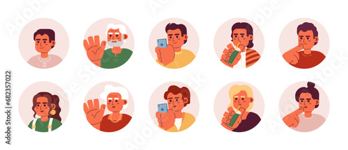 Adult hispanic latin americans 2D vector avatars illustration bundle. Different ages latina women, latino men cartoon character faces pack. Mexican flat color user profiles images isolated on white