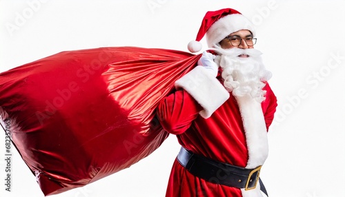 Santa Claus pulls big red sack with gifts, which can be changed into a banner isolated on white background with copy space. New Year greeting card. Christmas concept.