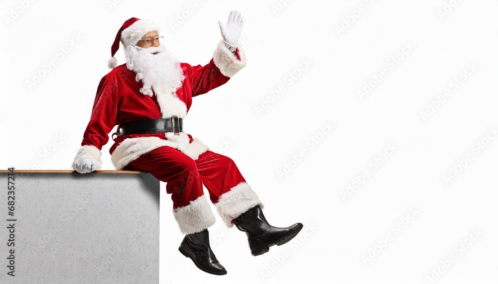 Full length portrait of santa claus sitting on a panel and waving isolated on white background. Full length portrait of santa claus sitting on a panel and waving isolated on white background.