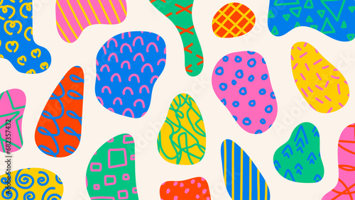 Colorful abstract design with geometric shapes, hand drawn doodles and scribbles. Trendy college in retro 70s-80s style. Multicolored vector illustration