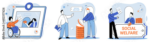 Social welfare. Vector illustration. Well-being and happiness are fostered through participation in charitable and social welfare activities The social welfare concept promotes idea collective