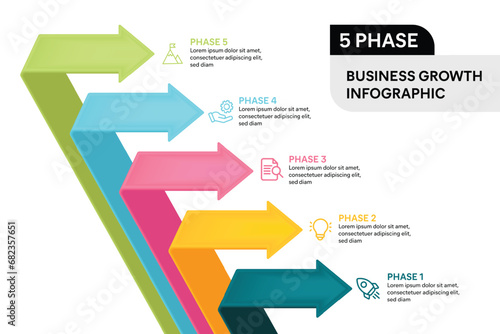3D Arrow Fold Infographic Vector Illustration. 5 Steps Business Process Concept.