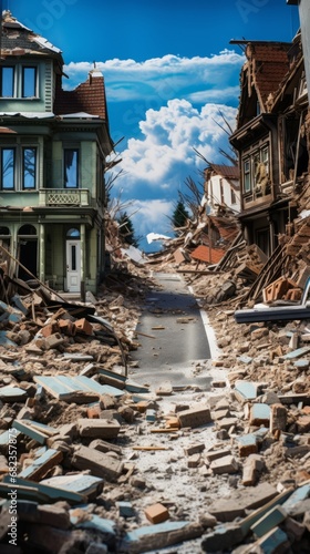 Destroyed houses after a powerful earthquake