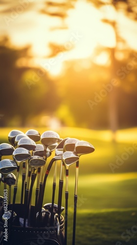 Several golf clubs on the background of green golf course, active outdoor game