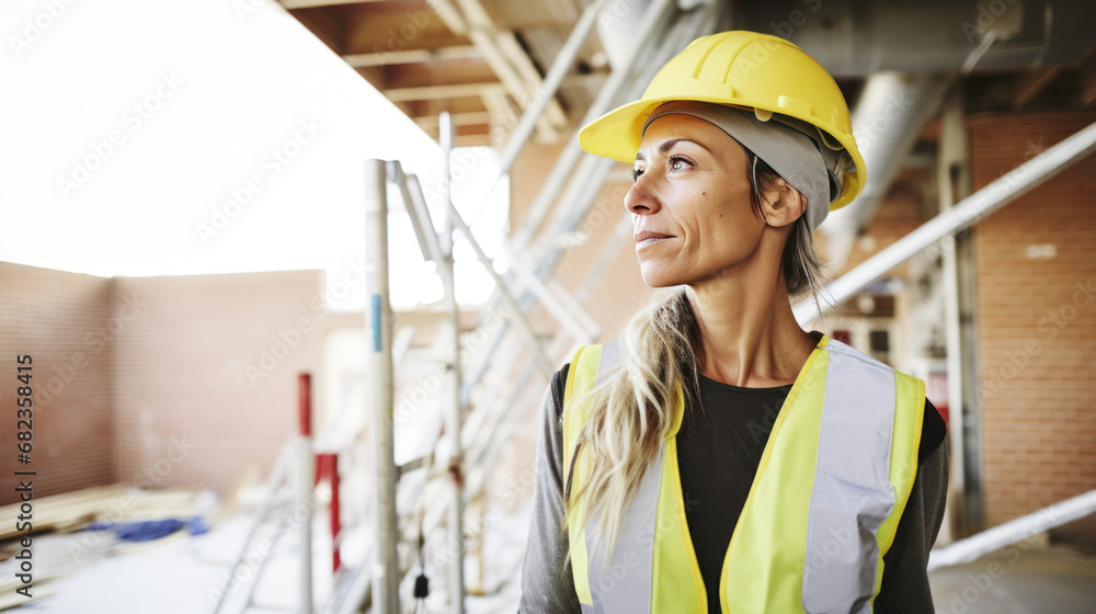 femme cheffe de chantier avec casque et gilet de sécurité (équipement individuel de sécurité) en visite sur un chantier de construction en extérieur - obrazy, fototapety, plakaty 